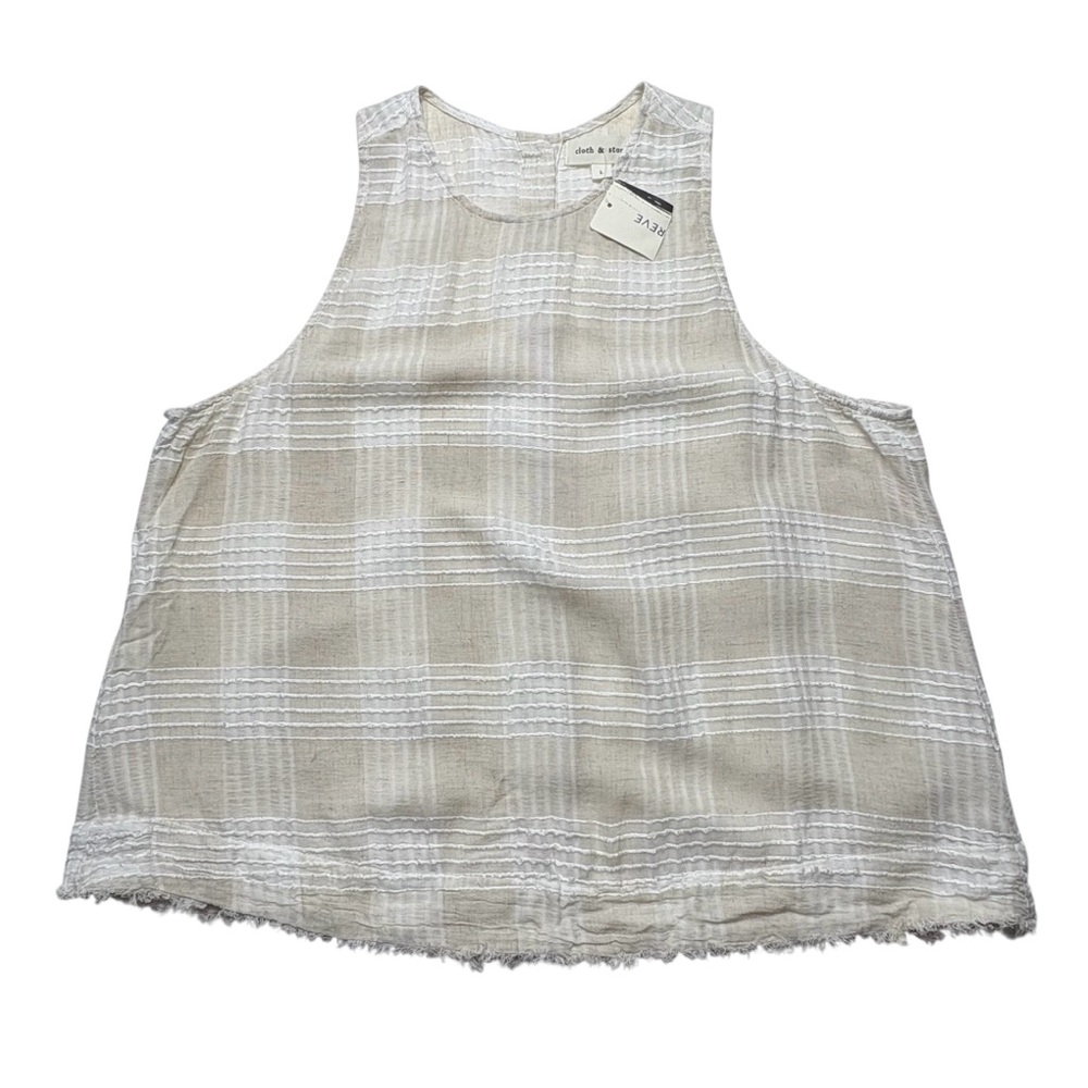 NWT Cloth & Stone Anthropologie Rayon-Linen Oatmeal Plaid Frayed Tank Top Size L - Picture 2 of 12